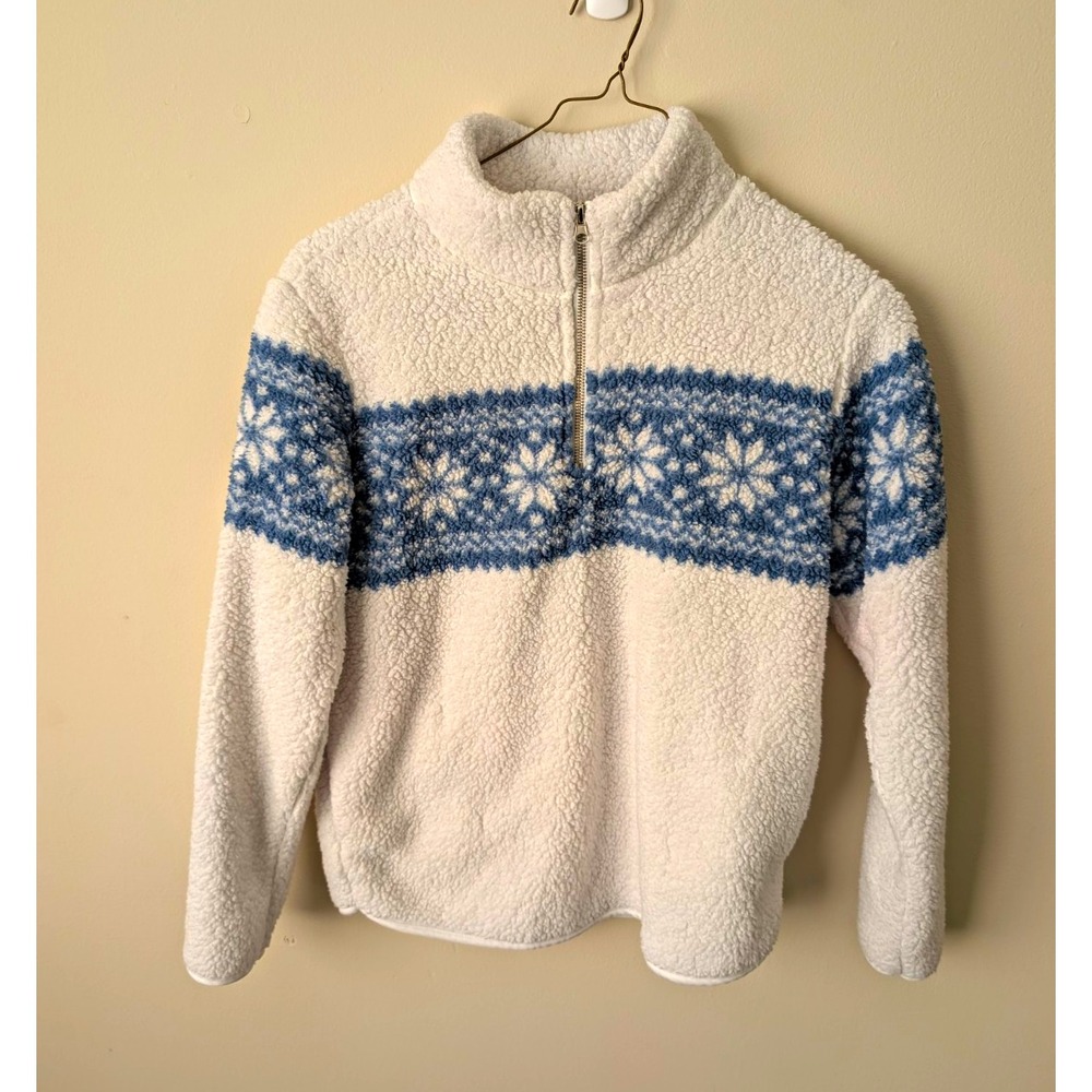 Knapp Studio Women's M White Blue Fair Isle Fleece 1/4 Zip Mock Neck Sweatshirt